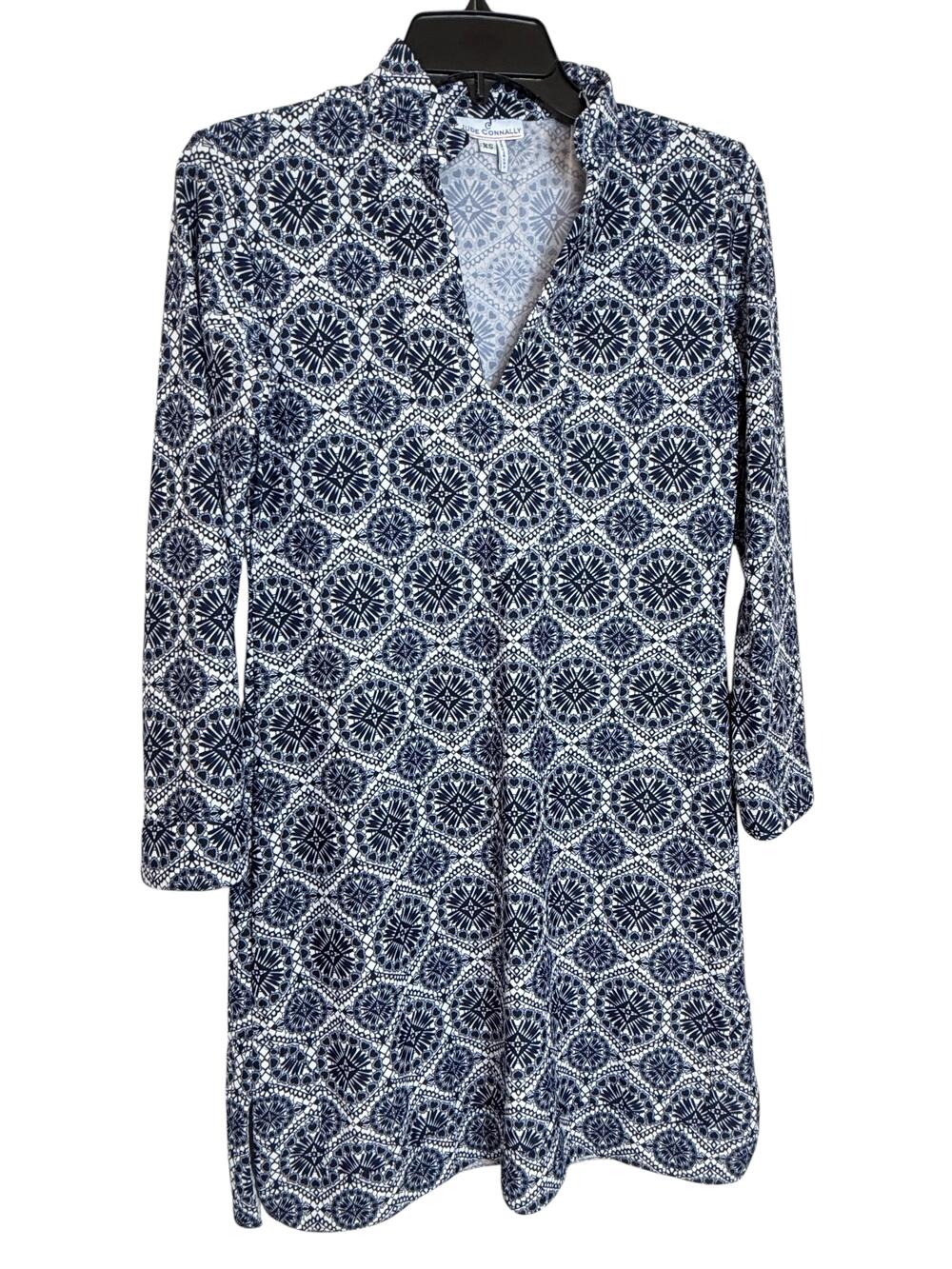 Jude Connally Dress Womens XS Blue Geometric 3/4 Sleeve V Neck Shift Casual